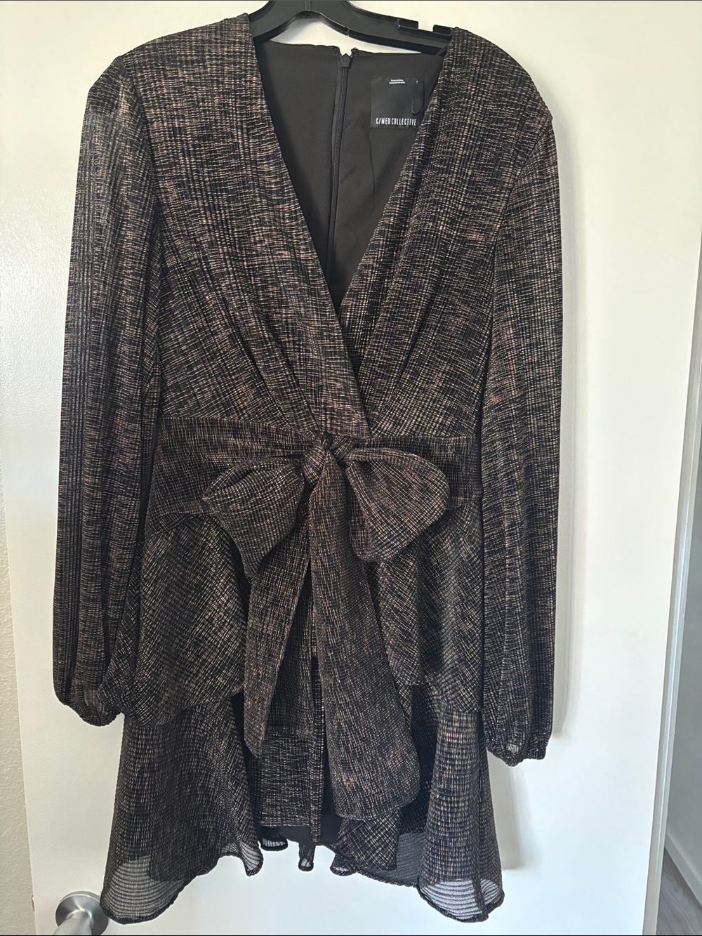 C/Meo Collective bronze and black Textured Midi Dress with Tie Waist